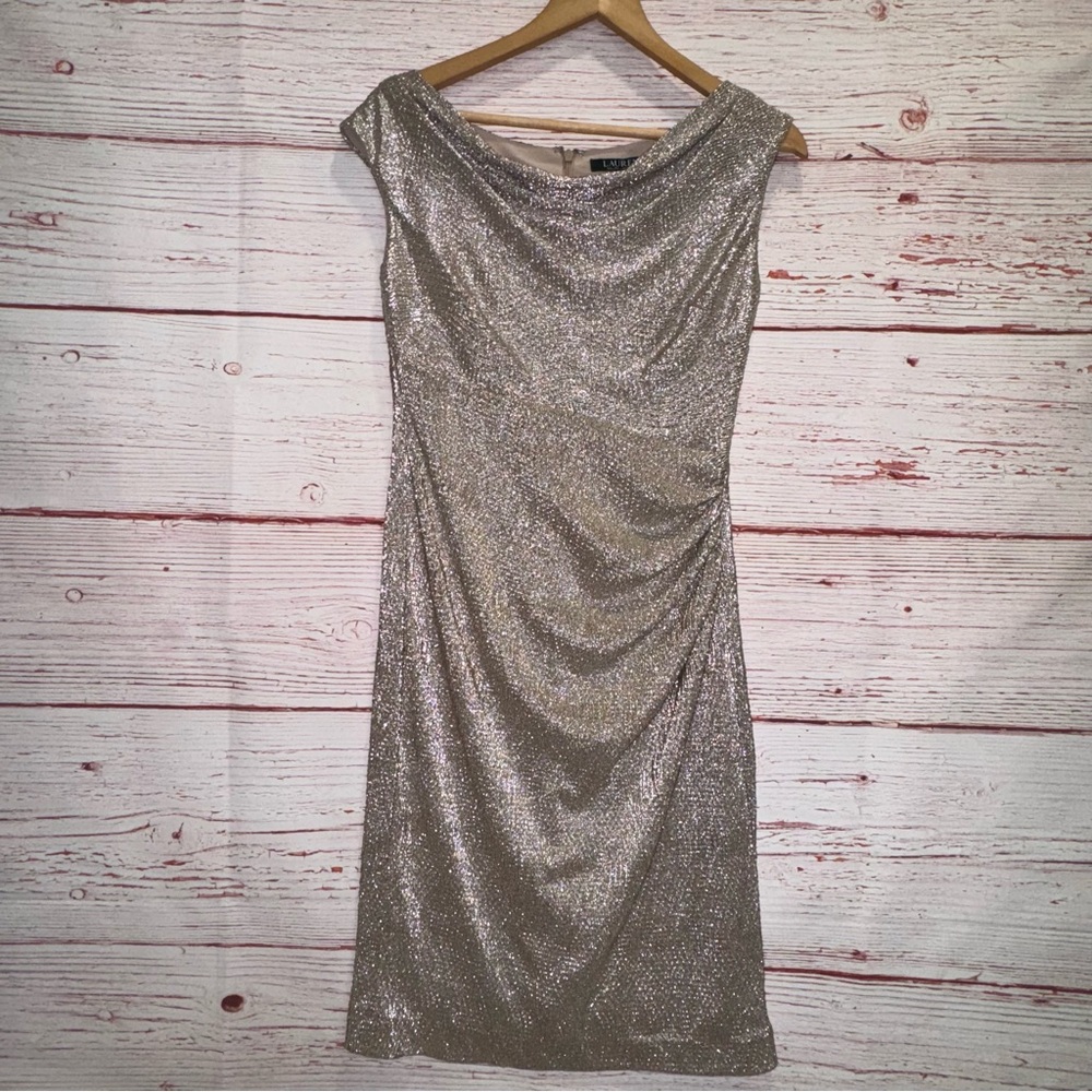 NWT Lauren Ralph Lauren Metallic Cowl Neck Sheath Dress Sz 4 - Picture 3 of 14